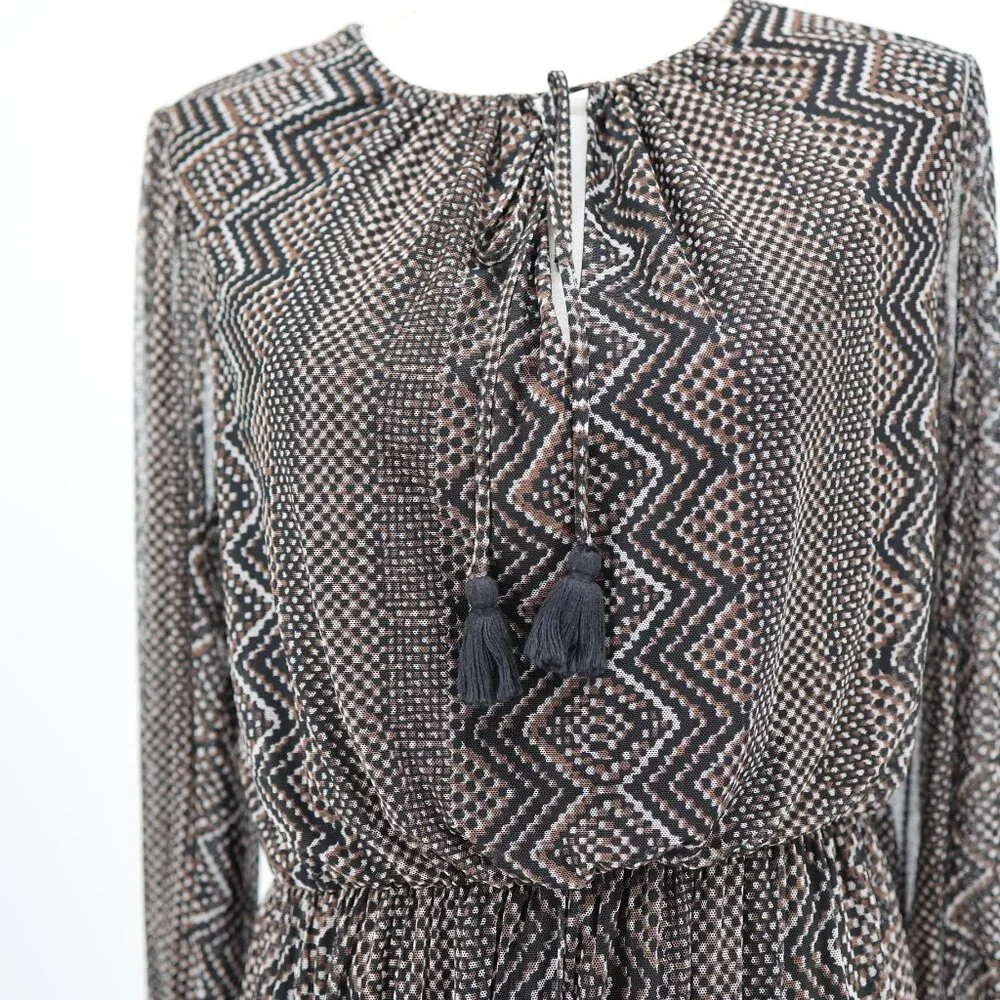 Just Taylor Maxi Dress Sheer Tiered Long Sleeve Boho Print Black L Flowy - Picture 4 of 14